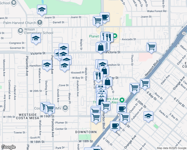 map of restaurants, bars, coffee shops, grocery stores, and more near 2063 Charle Street in Costa Mesa