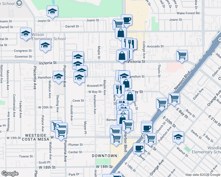 map of restaurants, bars, coffee shops, grocery stores, and more near 2063 Charle Street in Costa Mesa