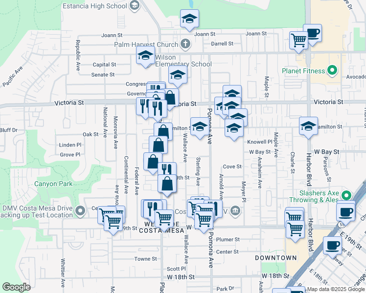 map of restaurants, bars, coffee shops, grocery stores, and more near 2063 Wallace Avenue in Costa Mesa