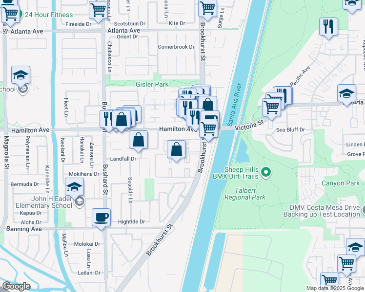 map of restaurants, bars, coffee shops, grocery stores, and more near 21551 Brookhurst Street in Huntington Beach
