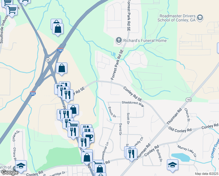 map of restaurants, bars, coffee shops, grocery stores, and more near 3843 Bonnie Lane Southeast in Atlanta