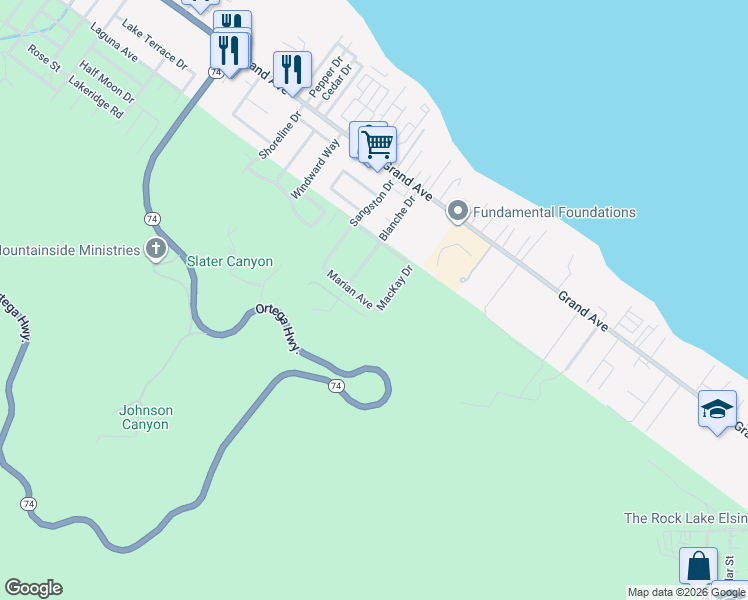 map of restaurants, bars, coffee shops, grocery stores, and more near 33291 Mackay Drive in Lake Elsinore