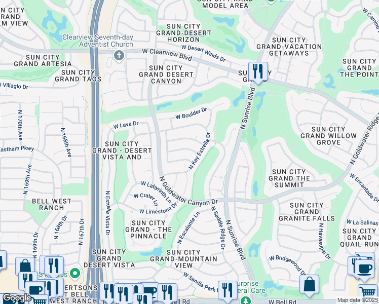 map of restaurants, bars, coffee shops, grocery stores, and more near 16229 West Mountain Pass Drive in Surprise