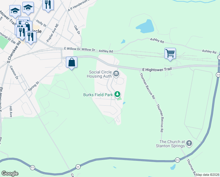 map of restaurants, bars, coffee shops, grocery stores, and more near 238 Dove Place in Social Circle