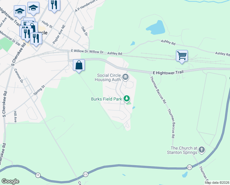 map of restaurants, bars, coffee shops, grocery stores, and more near 233 Dove Place in Social Circle