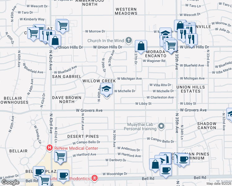 map of restaurants, bars, coffee shops, grocery stores, and more near 3851 West Michelle Drive in Glendale