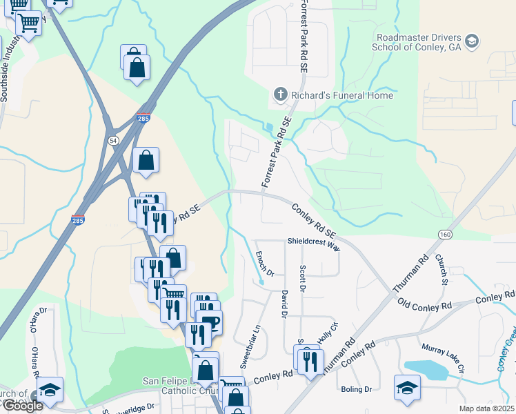 map of restaurants, bars, coffee shops, grocery stores, and more near 3843 Bonnie Lane Southeast in Atlanta