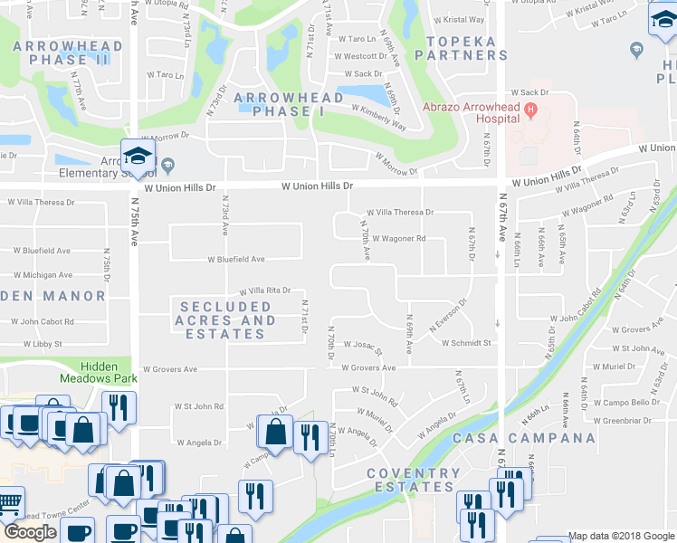 map of restaurants, bars, coffee shops, grocery stores, and more near 7031 West Fullam Street in Glendale