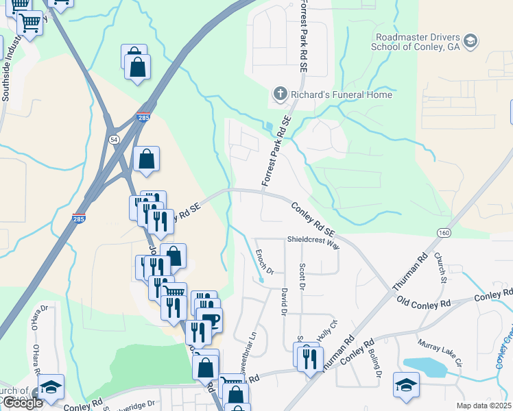 map of restaurants, bars, coffee shops, grocery stores, and more near 3843 Bonnie Lane Southeast in Atlanta