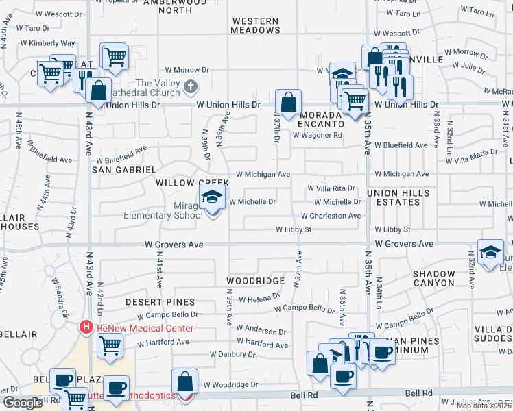map of restaurants, bars, coffee shops, grocery stores, and more near 3813 West Michelle Drive in Glendale