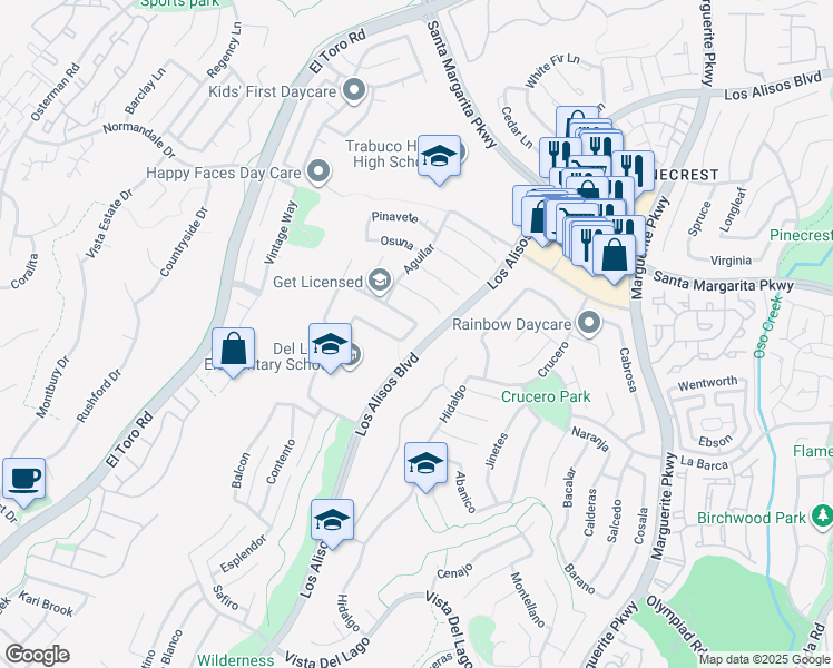 map of restaurants, bars, coffee shops, grocery stores, and more near 27423 Padilla in Mission Viejo