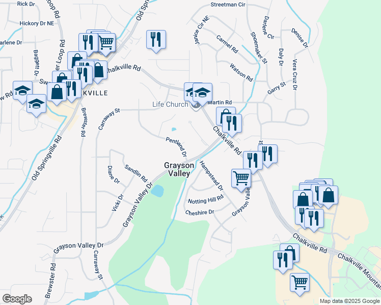 map of restaurants, bars, coffee shops, grocery stores, and more near 2300 Grayson Valley Drive in Birmingham