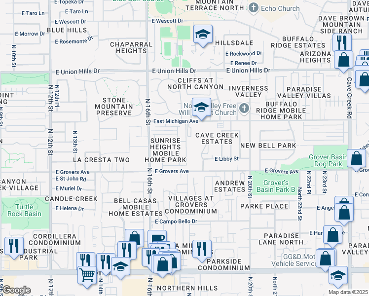 map of restaurants, bars, coffee shops, grocery stores, and more near 17846 North 17th Way in Phoenix