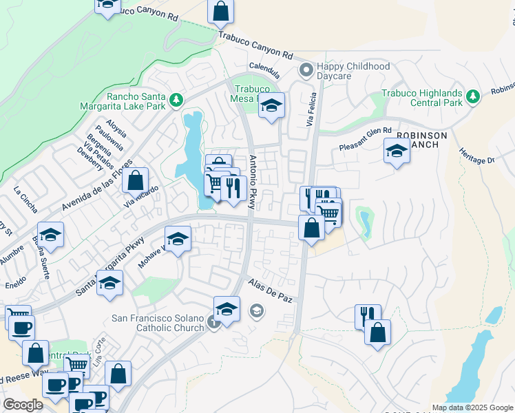 map of restaurants, bars, coffee shops, grocery stores, and more near 95 Flor De Mar in Rancho Santa Margarita