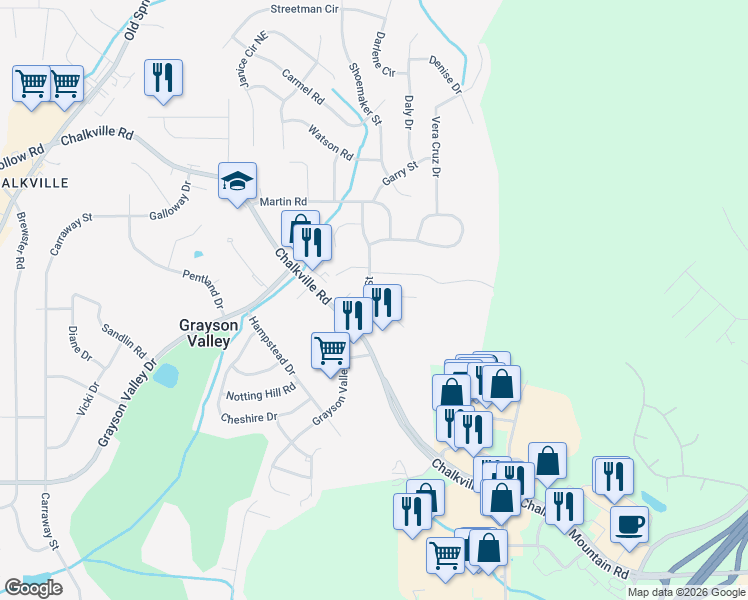 map of restaurants, bars, coffee shops, grocery stores, and more near 2601 Evergreen Drive in Birmingham
