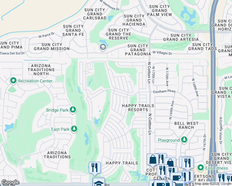 map of restaurants, bars, coffee shops, grocery stores, and more near 17200 West Bell Road in Surprise