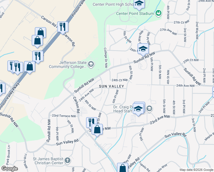 map of restaurants, bars, coffee shops, grocery stores, and more near 700 24th Avenue Northwest in Center Point