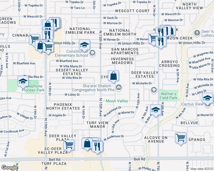 map of restaurants, bars, coffee shops, grocery stores, and more near 1403 West Michelle Drive in Phoenix