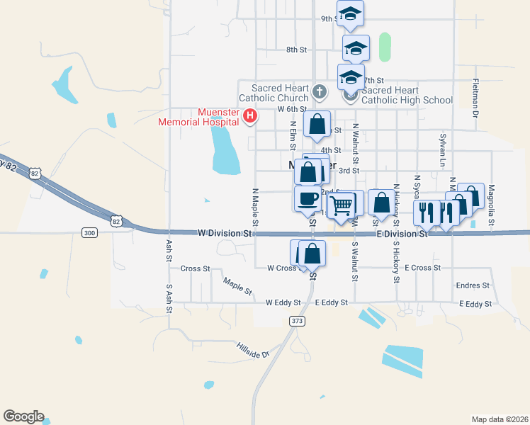 map of restaurants, bars, coffee shops, grocery stores, and more near 134 North Maple Street in Muenster
