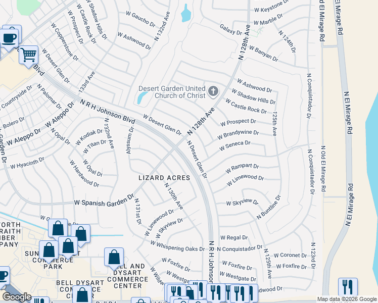map of restaurants, bars, coffee shops, grocery stores, and more near 18036 North Desert Glen Drive in Sun City West