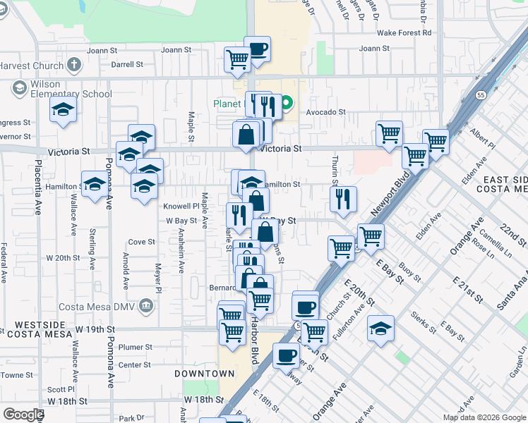map of restaurants, bars, coffee shops, grocery stores, and more near 2060 Harbor Boulevard in Costa Mesa