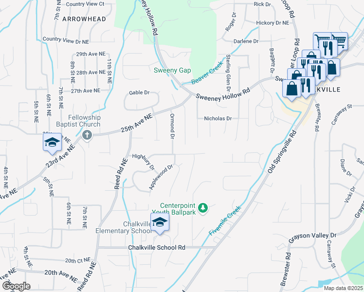 map of restaurants, bars, coffee shops, grocery stores, and more near 2400 Debbie Drive in Center Point
