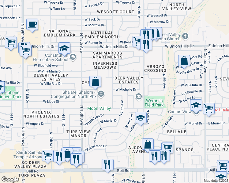 map of restaurants, bars, coffee shops, grocery stores, and more near 18002 North 11th Avenue in Phoenix