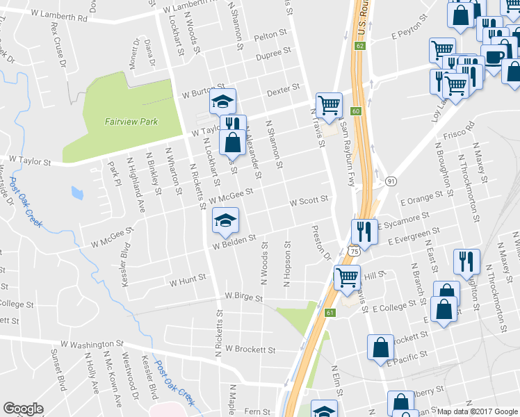map of restaurants, bars, coffee shops, grocery stores, and more near 1502 North Alexander Street in Sherman