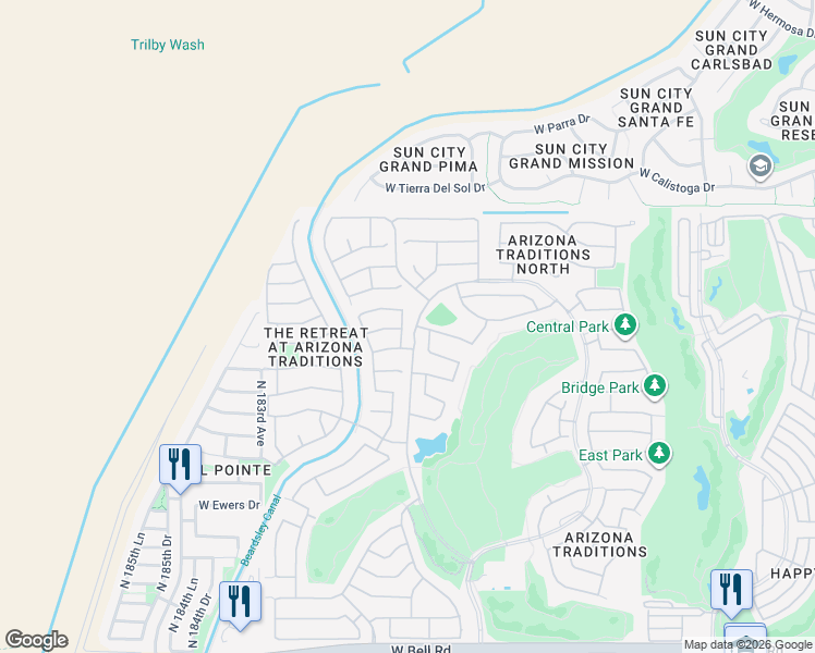 map of restaurants, bars, coffee shops, grocery stores, and more near 18045 West Skyline Drive in Surprise
