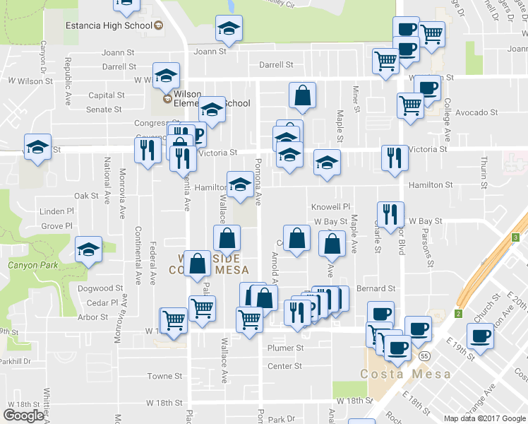 map of restaurants, bars, coffee shops, grocery stores, and more near 2060 Pomona Avenue in Costa Mesa