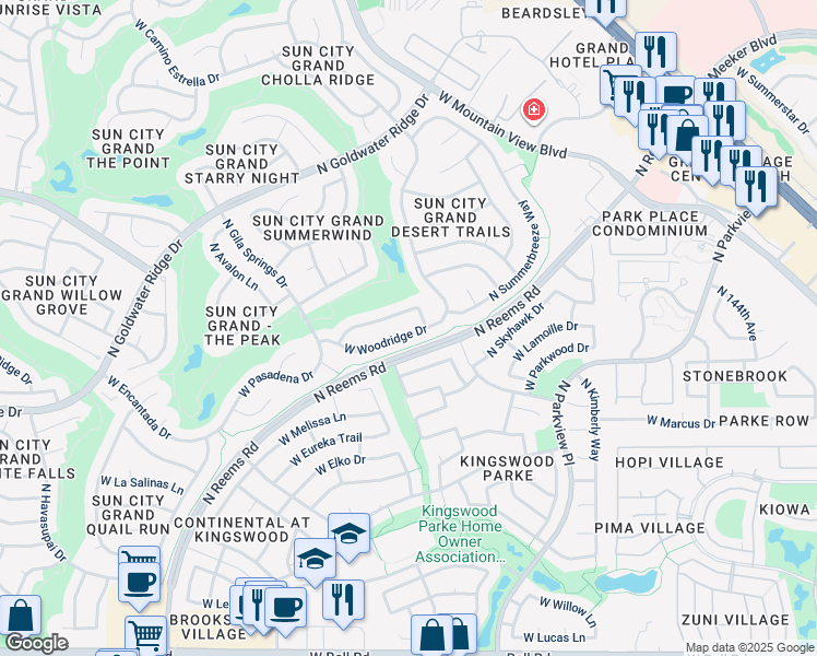 map of restaurants, bars, coffee shops, grocery stores, and more near 15044 West Woodridge Drive in Surprise