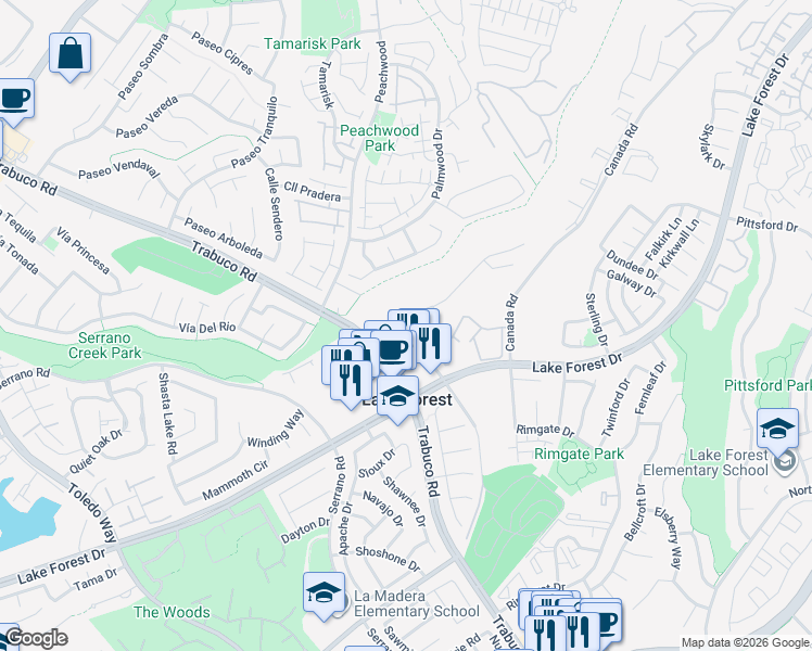 map of restaurants, bars, coffee shops, grocery stores, and more near 21631 Treeshade Lane in Lake Forest