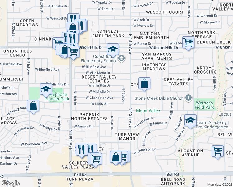 map of restaurants, bars, coffee shops, grocery stores, and more near 1543 West Michelle Drive in Phoenix