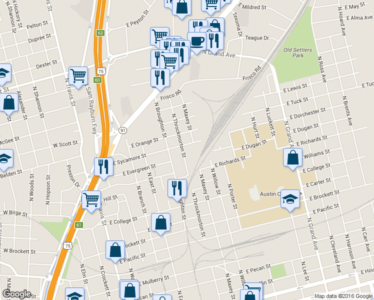 map of restaurants, bars, coffee shops, grocery stores, and more near 704 E Sycamore St in Sherman