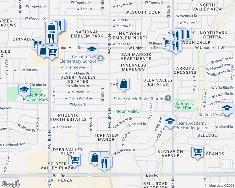 map of restaurants, bars, coffee shops, grocery stores, and more near 1323 West Michelle Drive in Phoenix