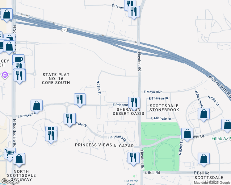map of restaurants, bars, coffee shops, grocery stores, and more near 7826-7898 East Princess Boulevard in Scottsdale