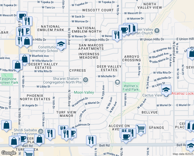 map of restaurants, bars, coffee shops, grocery stores, and more near 18002 North 11th Avenue in Phoenix