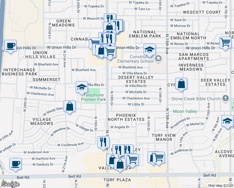 map of restaurants, bars, coffee shops, grocery stores, and more near 1807 West Michelle Drive in Phoenix