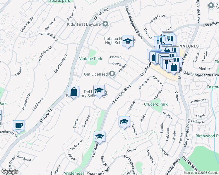 map of restaurants, bars, coffee shops, grocery stores, and more near 27294 Las Nieves in Mission Viejo
