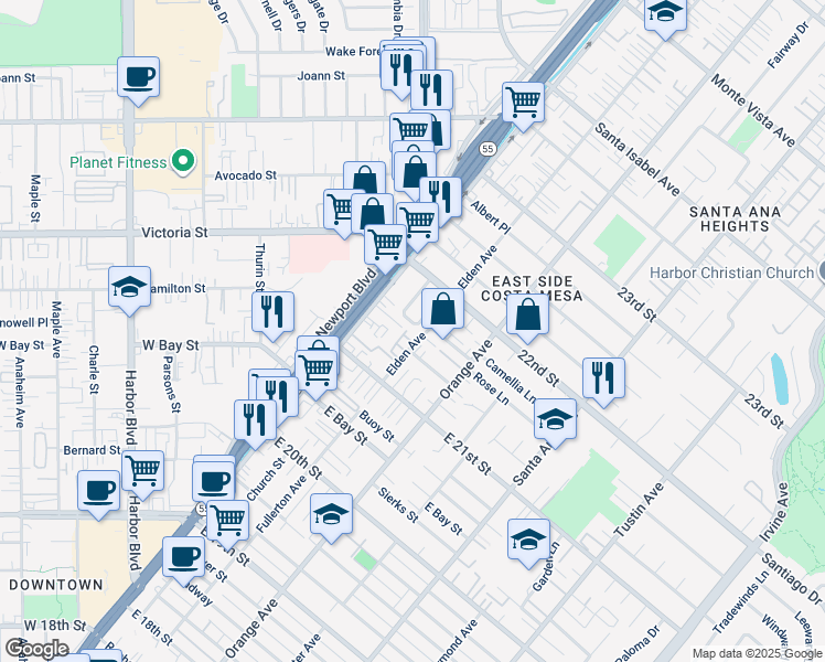 map of restaurants, bars, coffee shops, grocery stores, and more near 2164 Rural Place in Costa Mesa