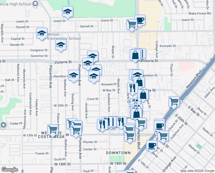 map of restaurants, bars, coffee shops, grocery stores, and more near 615 Knowell Place in Costa Mesa