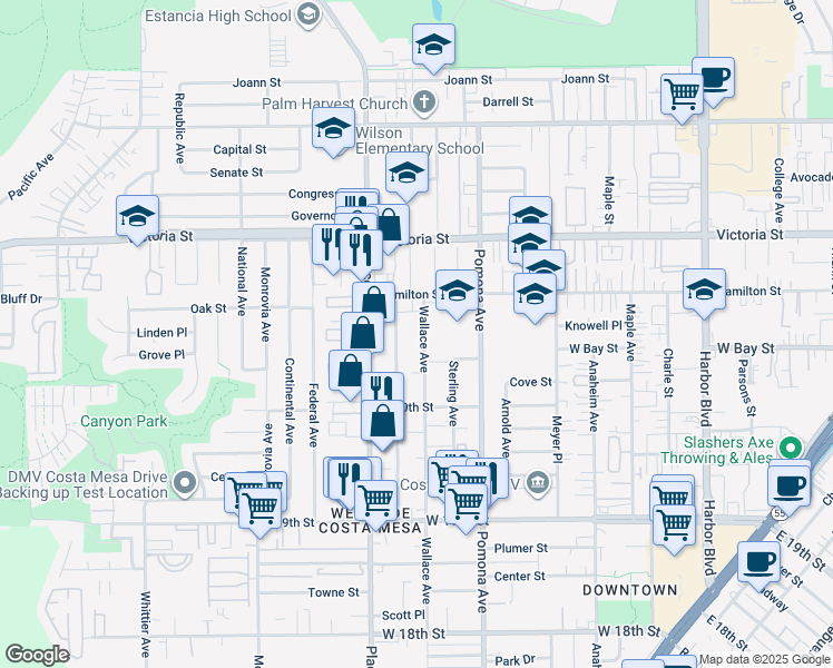 map of restaurants, bars, coffee shops, grocery stores, and more near 2063 Wallace Avenue in Costa Mesa