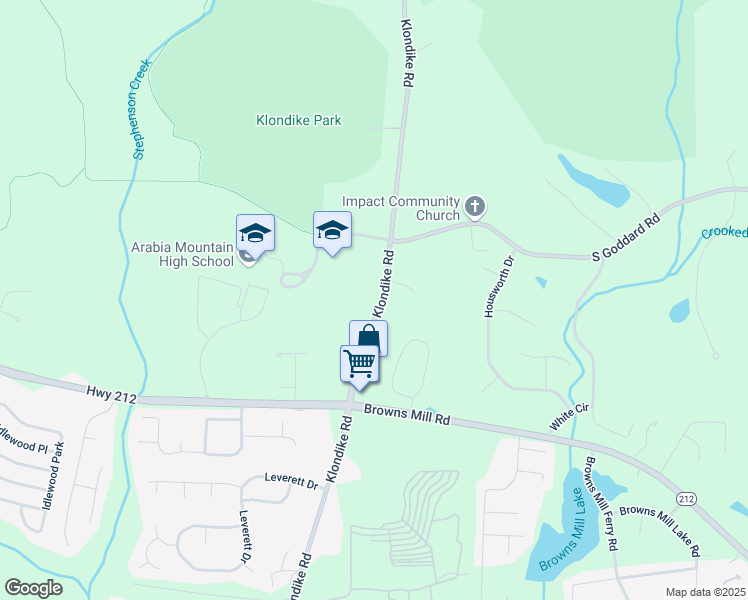 map of restaurants, bars, coffee shops, grocery stores, and more near 4497 Klondike Road in Lithonia