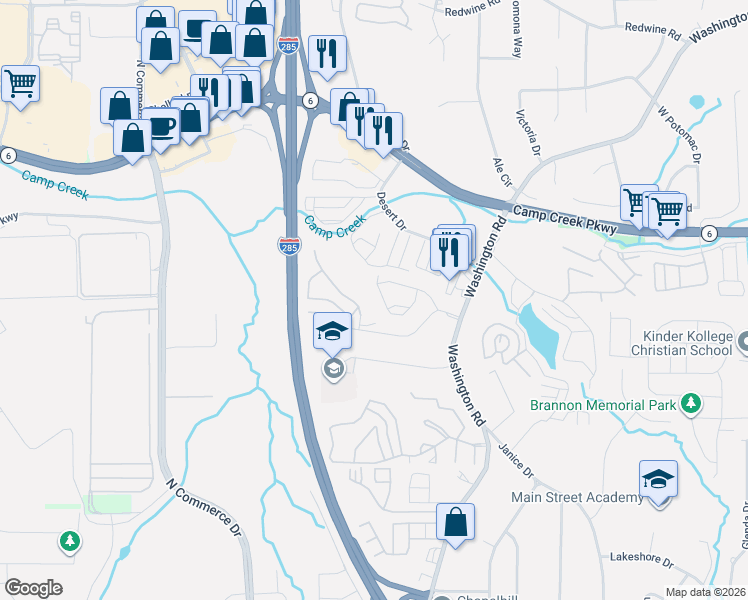 map of restaurants, bars, coffee shops, grocery stores, and more near 2841 Laurel Ridge Circle in East Point