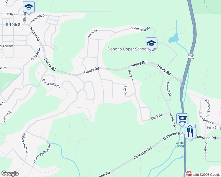map of restaurants, bars, coffee shops, grocery stores, and more near 324 Wildwood Road in Anniston
