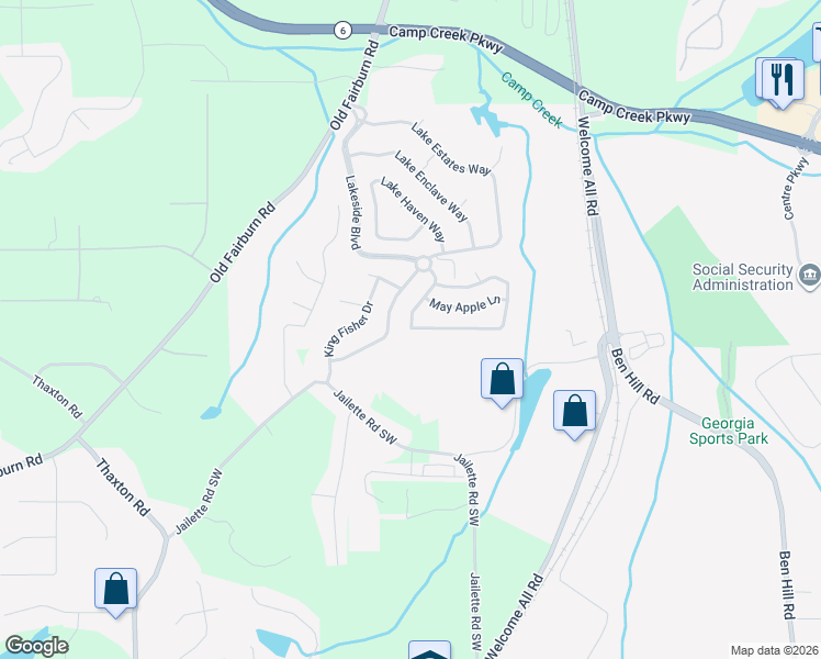 map of restaurants, bars, coffee shops, grocery stores, and more near 3909 Lake Manor Way in Atlanta