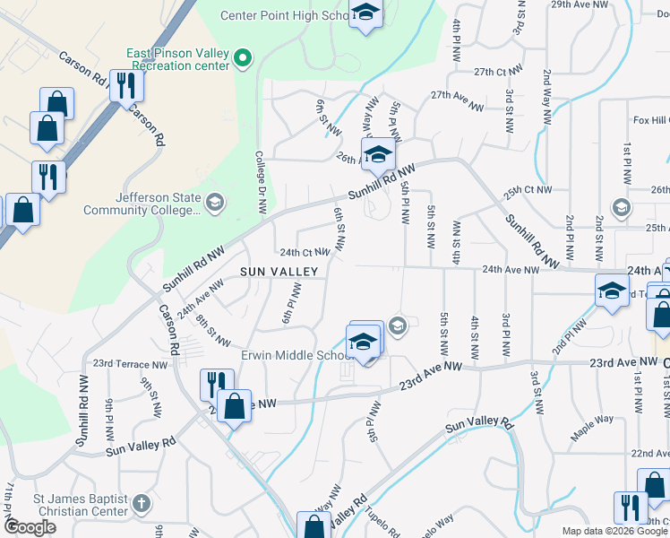 map of restaurants, bars, coffee shops, grocery stores, and more near 2401 6th St NW in Center Point