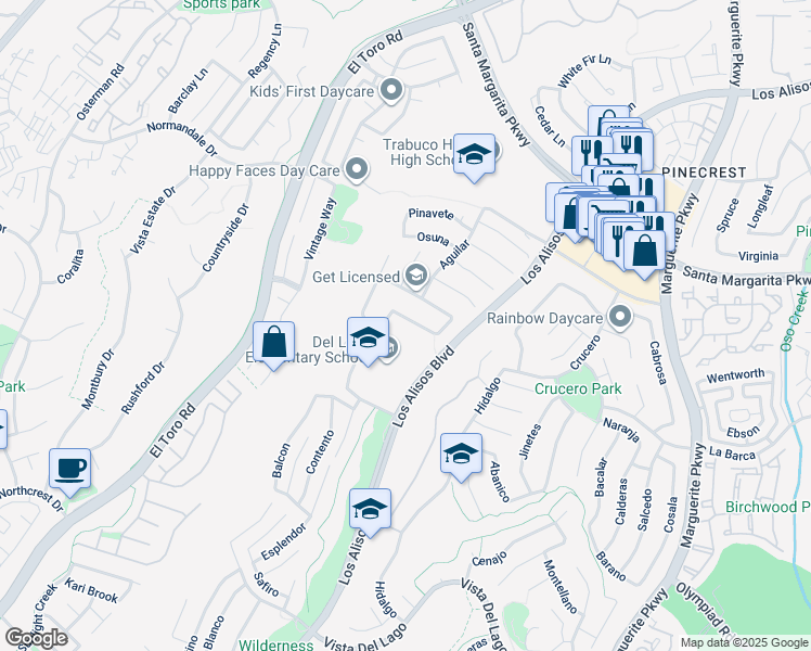 map of restaurants, bars, coffee shops, grocery stores, and more near 27294 Las Nieves in Mission Viejo