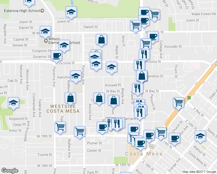 map of restaurants, bars, coffee shops, grocery stores, and more near 615 Knowell Place in Costa Mesa