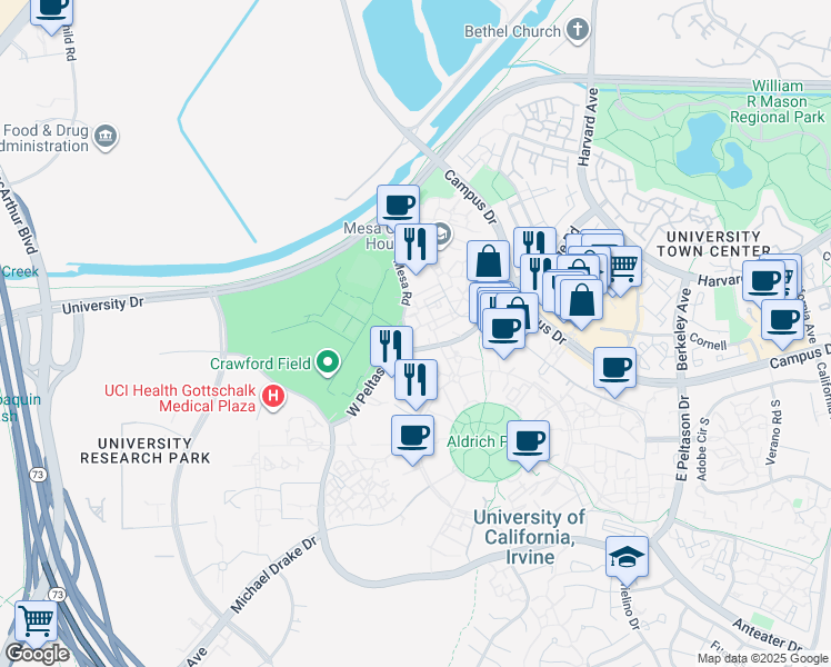map of restaurants, bars, coffee shops, grocery stores, and more near 713 Mesa Road in Irvine